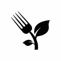 a fork and leaf icon on a white background